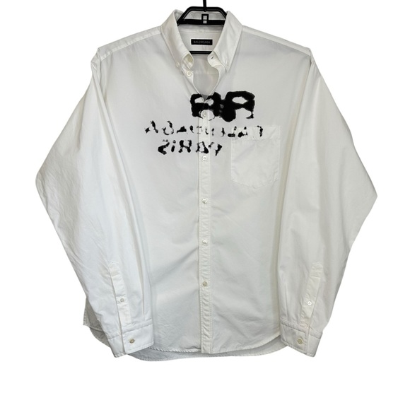 Balenciaga Mens Hand Drawn BB Oversized Shirt Long Sleeve Button Up Sz 38 White